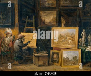 David Teniers / "The Monkey Painter", ca. 1660, scuola fiamminga, olio su pannello, 24 cm x 32 cm, P01805. MUSEO: MUSEO DEL PRADO, MADRID, SPAGNA. AUTORE: DAVID TENIERS IL GIOVANE. Foto Stock