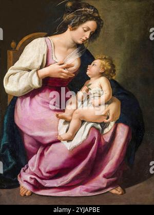 Madonna col bambino, dipinto ad olio su tela di Artemisia Gentileschi o Giovanni Francesco Guerrieri, 1616-1618 Foto Stock