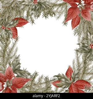Cornice quadrata natalizia vintage di punta e rami di abete rosso con agrifoglio e frutti di bosco come simbolo di vacanza, miracolo. Modello acquerello su bianco Foto Stock