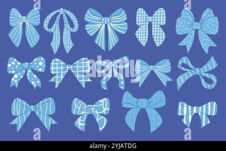 Set di fiocco decorativo blu. Elementi estetici isolati in elegante stile femminile. Illustrazione vettoriale. bo alla moda a righe, punteggiato, a scacchi Illustrazione Vettoriale