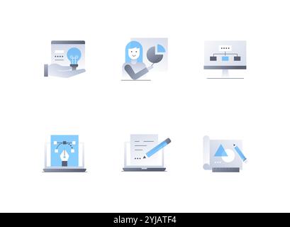 Idee e creatività: Set di icone di stile dal design piatto Illustrazione Vettoriale
