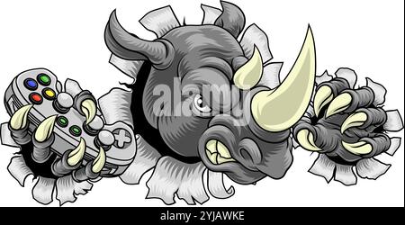 Rhino Rhinoceros Gamer Gaming Cartoon Mascot Illustrazione Vettoriale