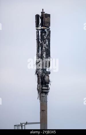Belfast, Regno Unito. 14 novembre 2024. Un albero 5G Telecoms è stato deliberatamente incendiato mercoledì sera (13/11/2024) distruggendo completamente la struttura. I resti bruciati possono essere visti alla luce del giorno del mattino credito: Bonzo/Alamy Live News Foto Stock