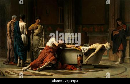 Manuel Domínguez Sánchez / "dopo aver tagliato le vene, Seneca entra nella vasca da bagno mentre i suoi amici dolorosi giurano il loro odio", 1871, Scuola spagnola, olio su tela, 270 cm x 450 cm, P04688. MUSEO: MUSEO DEL PRADO, MADRID, SPAGNA. Foto Stock