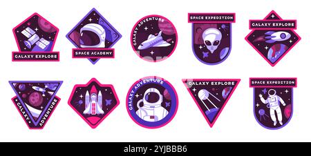 Badge spazio. Casco astronauta con razzo e ufo, simboli cartoongrafici di esplorazione e viaggio nello spazio, logo logo logo vettoriale Illustrazione Vettoriale