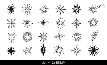 Stelle disegnate a mano. Sagome nere astratte di cielo notturno di forme e dimensioni diverse. Set di insegne vettoriali di qualità superiore Illustrazione Vettoriale