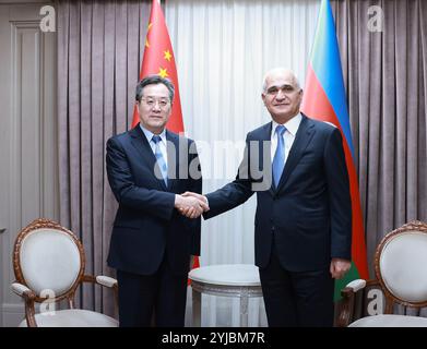 Baku, Azerbaigian. 13 novembre 2024. Il vice Premier cinese Ding Xuexiang, anche membro del comitato permanente dell'Ufficio politico del Comitato centrale del Partito Comunista Cinese, tiene colloqui con il vice primo ministro azero Shahin Mustafayev a Baku, la capitale dell'Azerbaigian, 13 novembre 2024. Crediti: Wang Ye/Xinhua/Alamy Live News Foto Stock