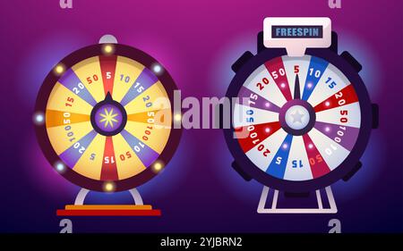 Interfaccia utente della ruota portafortuna. Popup rotante con premio per il gioco del casinò, elemento rotondo dell'app mobile con freccia e bonus jackpot bagliore. Set di elementi interfaccia vettoriale Illustrazione Vettoriale