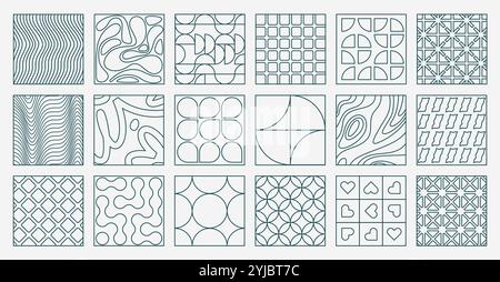 Piastrelle geometriche lineari. Elementi decorativi moderni astratti con decorazioni minimaliste, bauhaus retrò e blocchi rompicapo brutali. Gruppo vettoriale Illustrazione Vettoriale