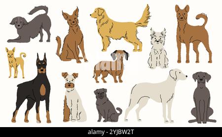 Razze di cani. Simpatici cuccioli di cartoni animati, divertenti canini piatti di diverse razze e colori, adorabile concetto di compagnia di animali domestici. Set isolato vettoriale Illustrazione Vettoriale