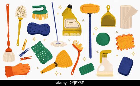 Materiali per la pulizia. Attrezzature e utensili per lavori domestici Doodle, secchio per scopa per cartoni animati, detersivo, concetto di igiene domestica. Set piatto vettoriale Illustrazione Vettoriale