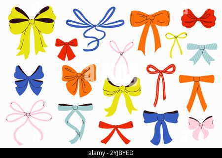 Archi del nastro. bowknot decorativo con nastri colorati di forme e dimensioni diverse, bowtie con legatura piatta per festeggiare l'arredamento della confezione regalo. Gruppo vettoriale Illustrazione Vettoriale