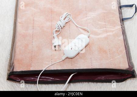 Un nuovo foglio elettrico caldo a due lati è montato nella confezione e sopra il foglio si trovano un interruttore di temperatura e una forchetta bianca. Questo è un rapido e.. Foto Stock