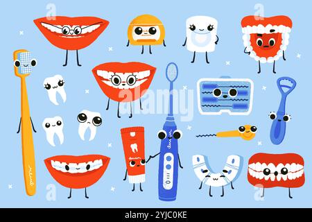 Carini personaggi dei denti. Cartoni animati con spazzolino dentifricio filo interdentale collutorio con emozioni divertenti, igiene orale e concetto di assistenza sanitaria Illustrazione Vettoriale