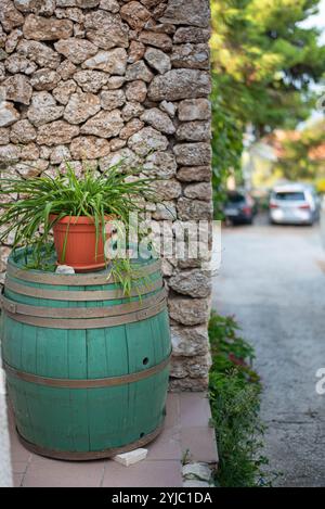 Stradine strette del villaggio di Stanici, Croazia. Gli affascinanti vicoli tortuosi sono fiancheggiati da tradizionali case in pietra, che offrono uno scorcio di autenticità Foto Stock