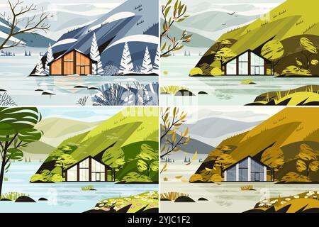 Paesaggio delle stagioni. Primavera estate autunno inverno sfondo naturale con casa forestale stagionale collina di montagna con alberi in stile cartoni animati piatto. Vettore Illustrazione Vettoriale
