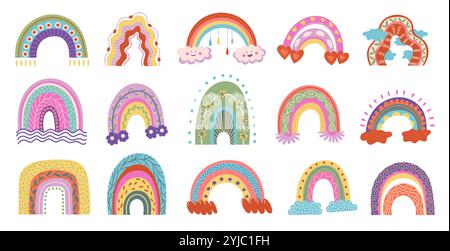 Graziosi arcobaleni colorati. Un cielo magico cartoni animati con nuvole e stelle, elementi decorativi fantasiosi e infantili. Set isolato vettoriale Illustrazione Vettoriale