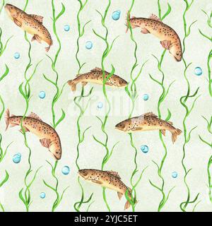 Motivo senza cuciture con trote, alghe e bolle d'acqua. Alghe. Sfondo acquerello. Illustrazione ad acquerello disegnata a mano. Foto Stock