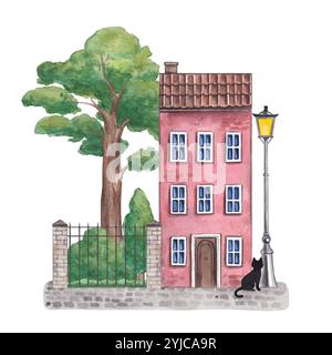 Casa europea rosa con giardino e albero. Illustrazione ad acquerello disegnata a mano di un grazioso cottage. Clipart su sfondo bianco su città, strada, architettura Foto Stock