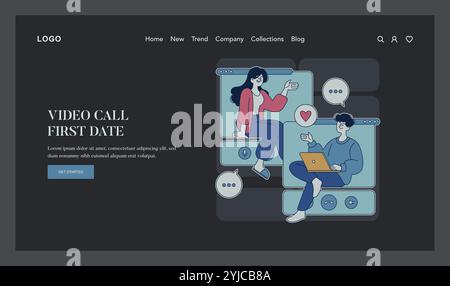 Concetto di incontri online. Due persone si connettono tramite videochiamata per un primo appuntamento romantico. Comunicazione virtuale nelle relazioni moderne. Illustrazione vettoriale. Illustrazione Vettoriale