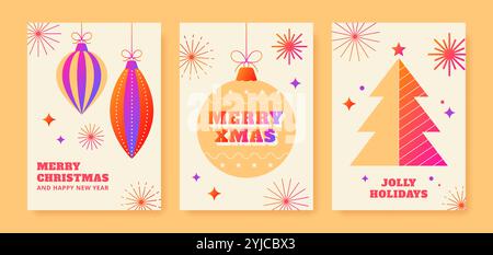 Serie di poster natalizi con colori sfumati. Biglietti d'auguri con ornamenti, palla di natale e albero di natale. Illustrazione vettoriale Illustrazione Vettoriale