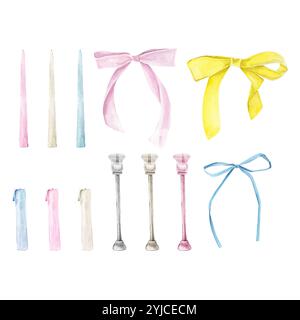 Set acquerello di candele, candelabri, fiocchi di diversi colori. Atmosfera festosa e romantica. Foto Stock