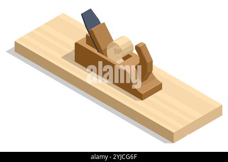 Isometrico falegname in legno su un banco di lavoro in legno in un'officina di lavorazione del legno. Utensili per la lavorazione del legno tavolo in legno. Falegnameria Illustrazione Vettoriale