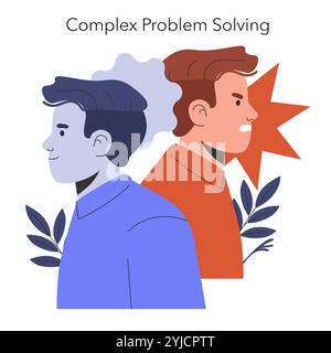 Concetto di polarizzazione cognitiva. Due profili che rappresentano diversi processi di pensiero nella risoluzione dei problemi. Modelli mentali e sfide decisionali. Illustrazione vettoriale. Illustrazione Vettoriale