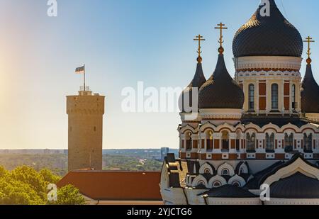 La parte superiore della vecchia Tallinn con la chiesa Alexander Nevsky e il Pikk Hermann. Foto Stock