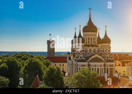 La parte superiore della vecchia Tallinn con la chiesa Alexander Nevsky e il Pikk Hermann. Foto Stock