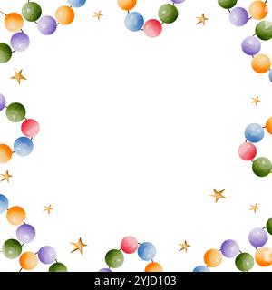Cornice quadrata composta da palline multicolore e stelle dorate. Illustrazione ad acquerello disegnata a mano. Banner su sfondo bianco, isolato. Texture oro. Per festività, compleanni, biglietti, stampe, cornici fotografiche Foto Stock