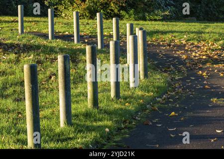 Corti in calcestruzzo che creano una barriera tra l'area erbosa e il sentiero asfaltato ricoperto di foglie autunnali cadute Foto Stock