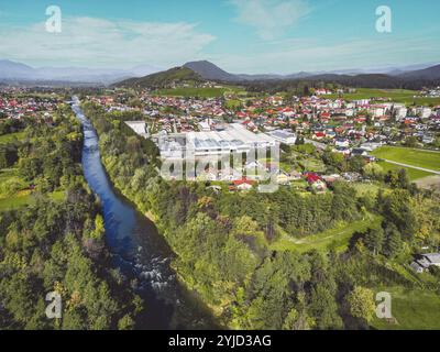 Vista aerea, drone che sorvola la comunità suburbana in campagna. Case di famiglia nei sobborghi circondate da boschi e campi verdi Foto Stock