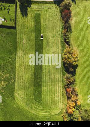 Vista aerea di un trattore che taglia un campo verde con erba fresca, di un agricoltore in un trattore moderno che taglia un campo verde con erba fresca in una giornata di sole. Foto Stock