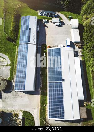 Pannelli solari installati sul tetto di un grande edificio industriale o di un magazzino. Edificio industriale nella parte di campagna della Slovenia con Foto Stock