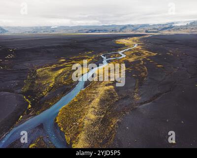 Spiagge di sabbia vulcanica nera in Islanda, una vista verso la terraferma con un fiume che scorre attraverso e un po' di fogliame giallo intorno all'acqua Foto Stock