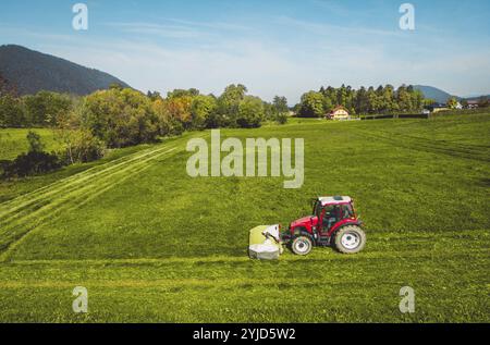 Vista aerea di un trattore che taglia un campo verde con erba fresca, di un agricoltore in un trattore moderno che taglia un campo verde con erba fresca in una giornata di sole. Foto Stock