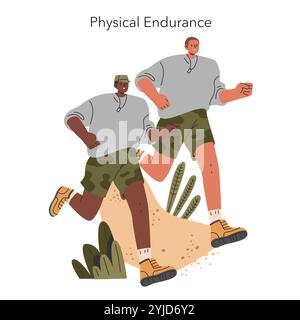 Concetto di addestramento militare. Soldati in un esercizio di costruzione della resistenza, che enfatizza il lavoro di squadra e la forza. Illustrazione vettoriale. Illustrazione Vettoriale