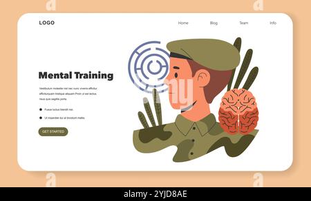 Concetto di addestramento militare. Illustrazione di un soldato che si concentra sulla forza mentale con una visualizzazione del cervello. Capacità cognitive, strategia e resilienza. Illustrazione vettoriale. Illustrazione Vettoriale