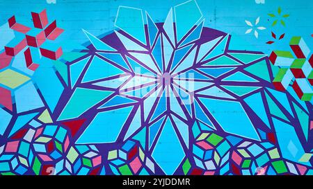 Arte murale vibrante geometrica in prospettiva a livello di occhio in movimento Foto Stock
