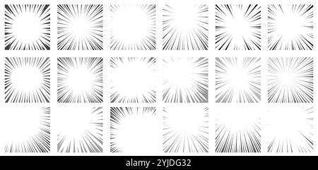 Cornice radiale manga. Bordi del cerchio anime con diverse decorazioni di linee concentrate. Set di illustrazioni vettoriali di velocità e impatto Starburst Illustrazione Vettoriale
