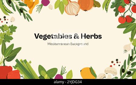 Cornice di verdure a cartoni animati. Cibo fresco biologico confine con prodotti agricoli verdi, concetto di cucina sana con ingredienti naturali. Banner vettoriale Illustrazione Vettoriale