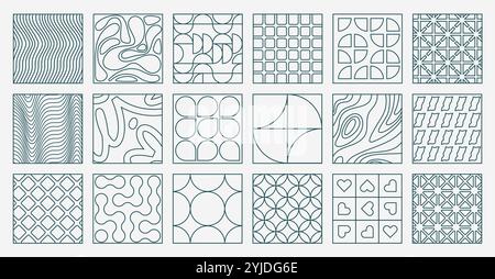 Piastrelle geometriche lineari. Elementi decorativi moderni astratti con decorazioni minimaliste, bauhaus retrò e blocchi rompicapo brutali. Gruppo vettoriale Illustrazione Vettoriale