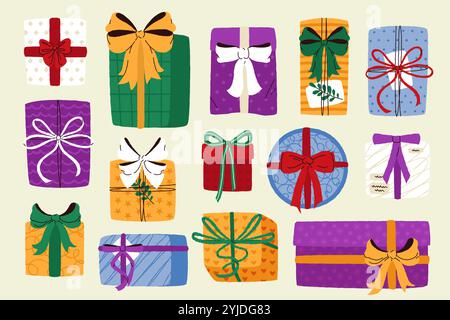 Confezioni regalo. Cartoni animati di diverse dimensioni, con nastri e fiocchi, pacchetto a sorpresa per il compleanno o la festa di Natale. Set isolato vettoriale Illustrazione Vettoriale