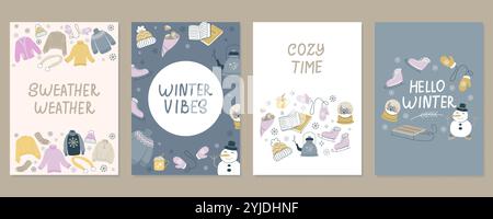 Set di biglietti di Natale, simpatici volantini disegnati a mano. Cartoline con scritte e graziosi elementi invernali. Illustrazioni vettoriali piatte. Illustrazione Vettoriale