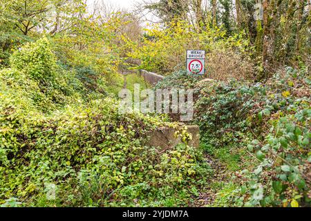 Un debole ponte stradale chiuso al traffico sulla linea ferroviaria diretta Banbury and Cheltenham in disuso vicino al villaggio Cotswold di Hampen, Gloucestershire Foto Stock