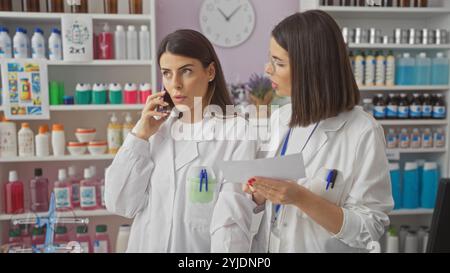 Due farmacie ispaniche che lavorano insieme in una farmacia, con una donna che parla al telefono e l'altra che ha un documento. Foto Stock