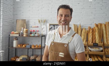 Uomo ispanico sorridente in una panetteria con pane e pasticcini esposti sullo sfondo. Foto Stock