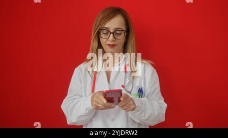 Medico che indossa cappotto bianco utilizza il telefono contro la parete rossa, mostrando professionalità e moderno approccio sanitario, catturato in chiaro dettaglio con messa a fuoco Foto Stock