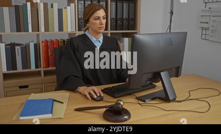 Donna attraente, che lavora come giudice in un ufficio, concentrandosi su attività informatiche con libri di legge e un martelletto sulla scrivania, raffigurando la giustizia e professando Foto Stock